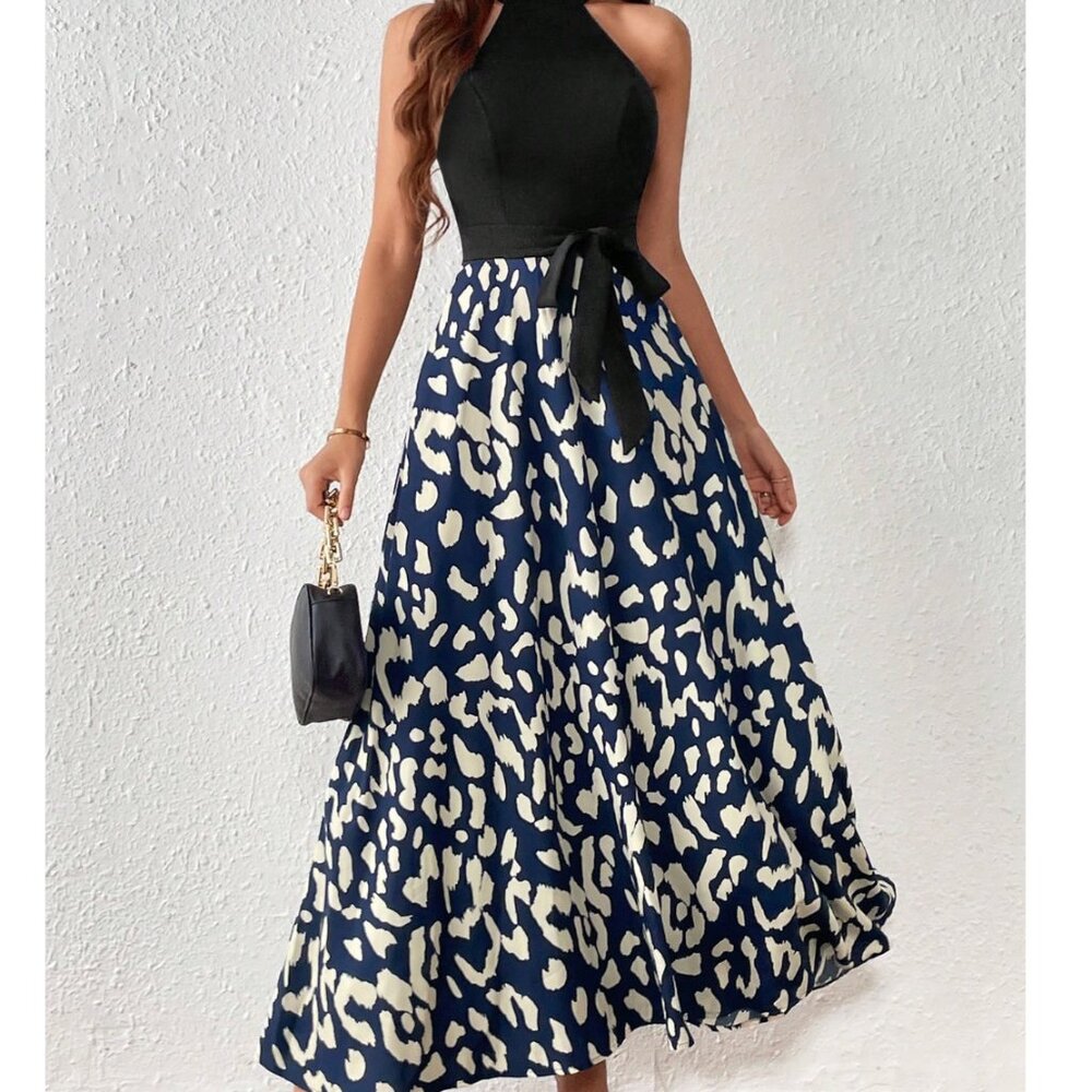 Graphic Print Belted Halter Dress